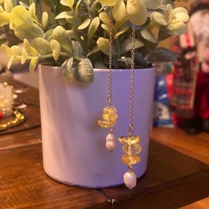 Citrine and freshwater Pearl threader earrings. Handmade.